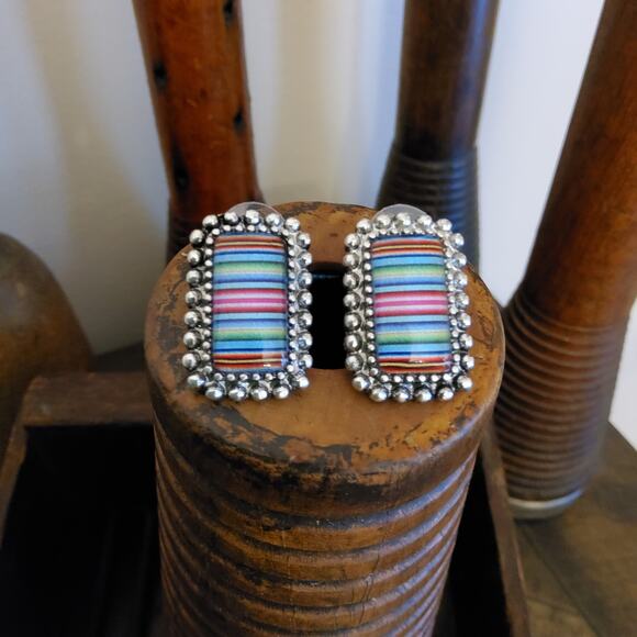 Western Rectangle Burnished Silver Stud Earrings Colorful Stripe - Picture 4 of 9